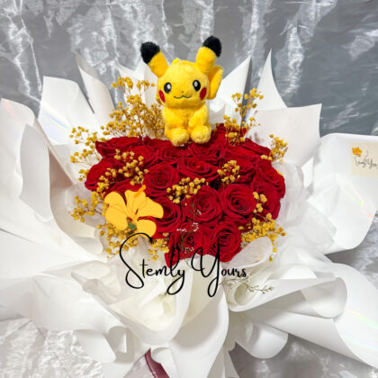 Handmade red rose bouquet with yellow fillers and Pikachu plush toy, Singapore flower delivery
